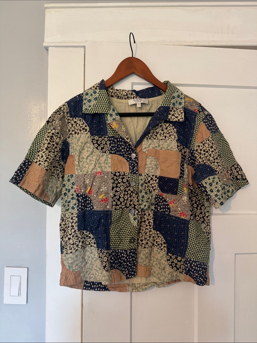 Sea New York Patchwork Short-Sleeve Button Front Top in Blue, Green, Tan